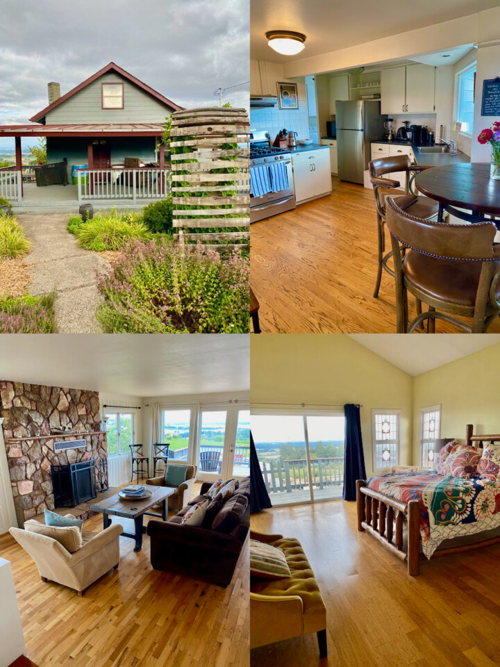 Inside of the Brooks Farmhouse. The kitchen, living room, and master bedroom.