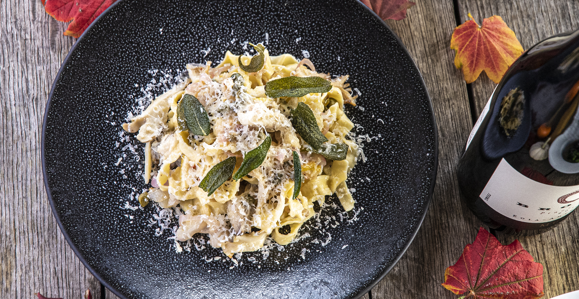 Housemade Fettuccine with Maitake Mushrooms, Capers and Brown Butter with Sage and Parmesan.