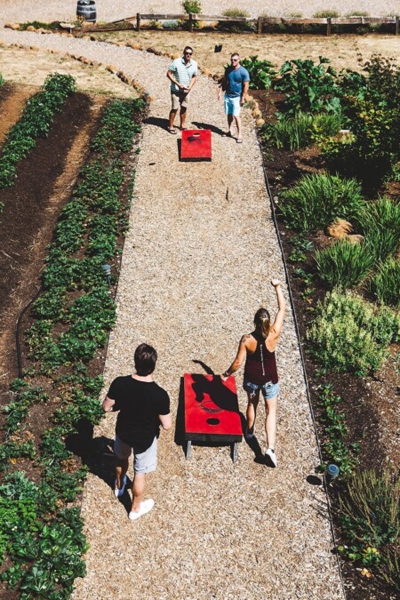 A family plays an outdoor game called cornhole while visiting Brooks Wine in Willamette vValley, Oregon.