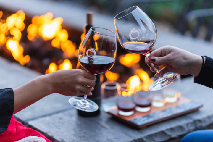 The arms of two friends are shown toasting their wine glasses together in front of a long fire pit.