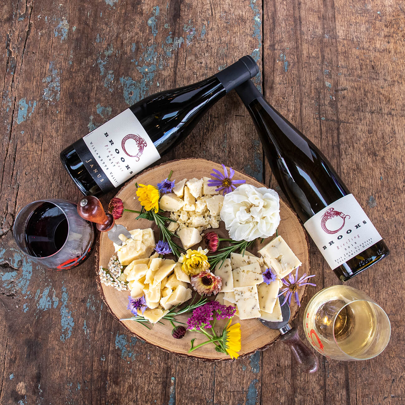 Wine and cheese pairing board with Brooks Wine pinot noir.